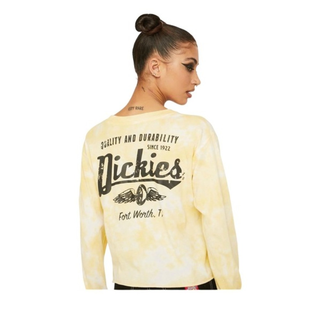 Dickies Girl Yellow White Tie Dye Long‎ Sleeve Cropped Tee 100% Cotton M
